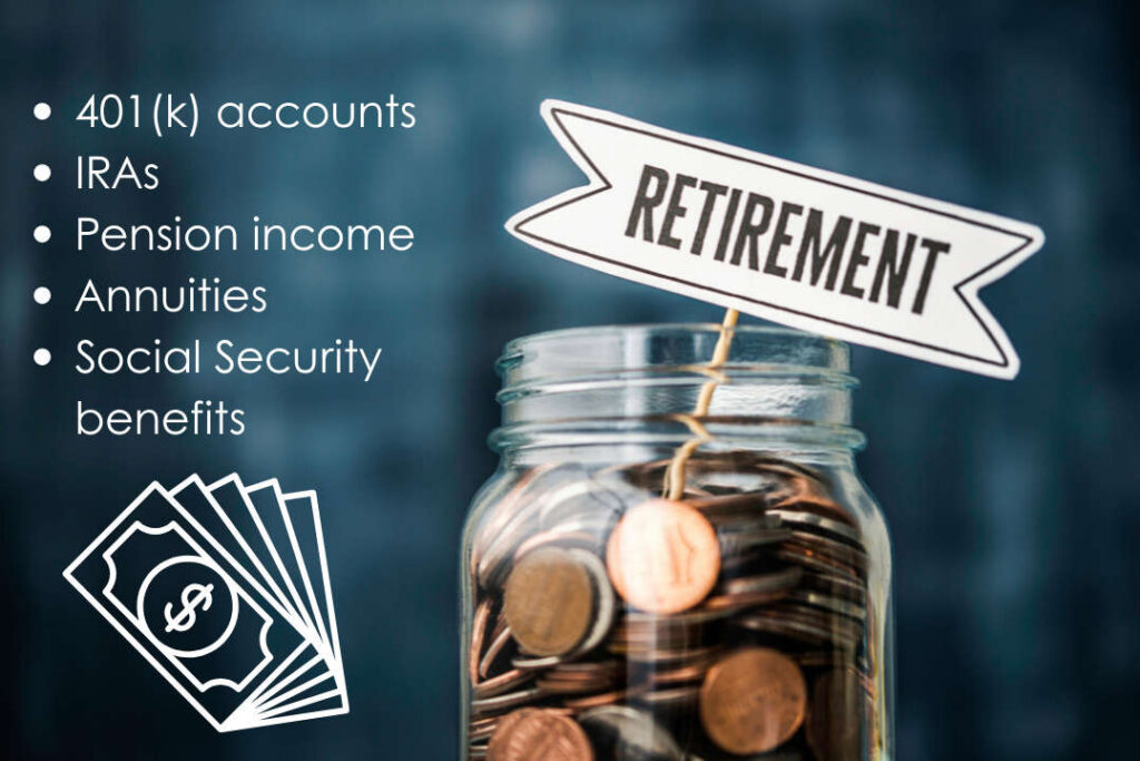 Retirement account types include: 401ks, IRAs, pension income, annuities, and social security